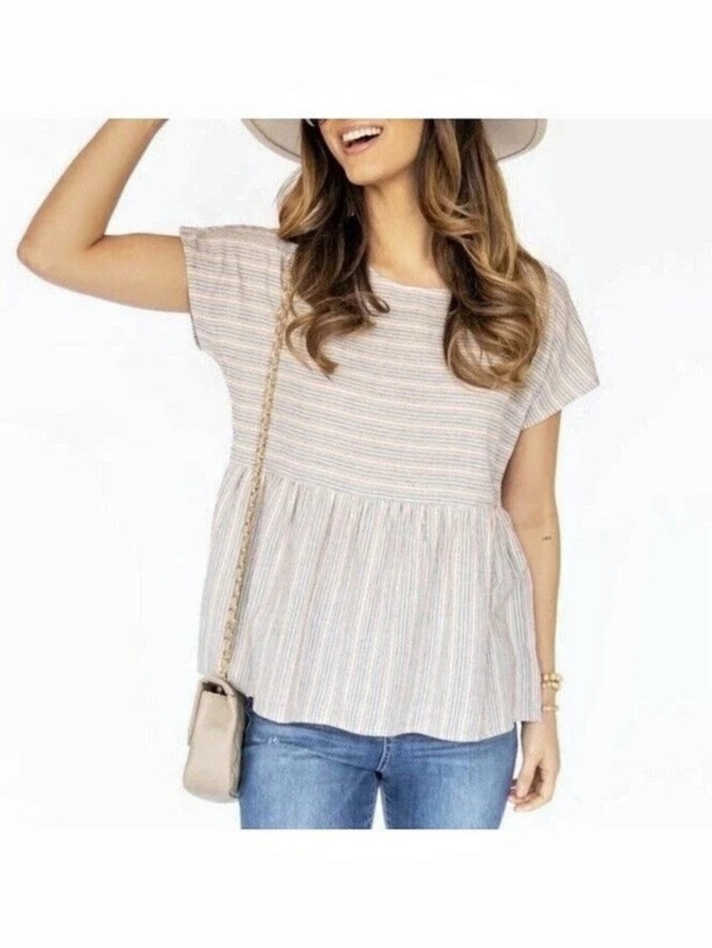 Andrée by UNIT Striped Peplum Top White & Blue Size 1X